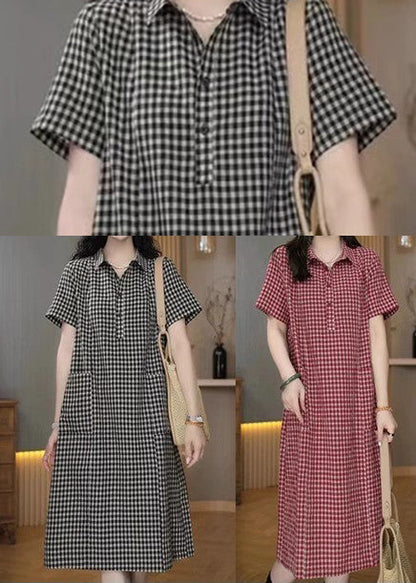 Red Plaid Linen Shirt Dresses Peter Pan Collar Summer