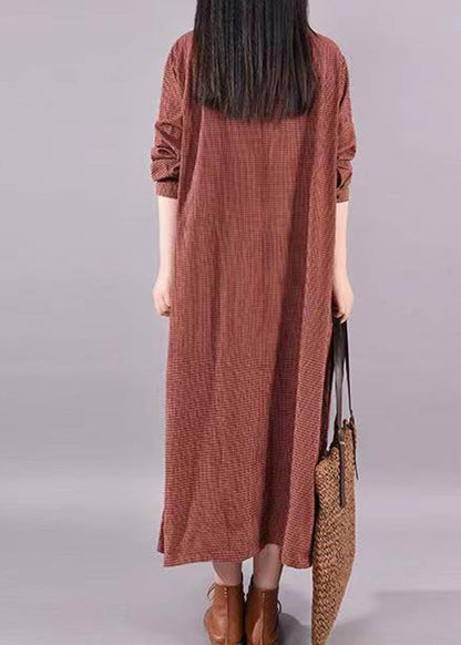 Red Plaid Patchwork Cotton Long Dress O Neck Stand Collar Fall