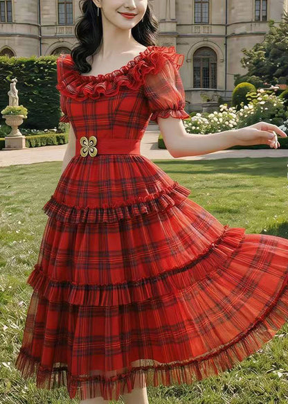 Red Plaid Tulle Mid Dress Ruffled Summer