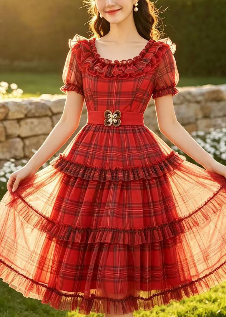 Red Plaid Tulle Mid Dress Ruffled Summer