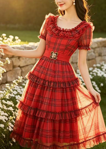 Red Plaid Tulle Mid Dress Ruffled Summer