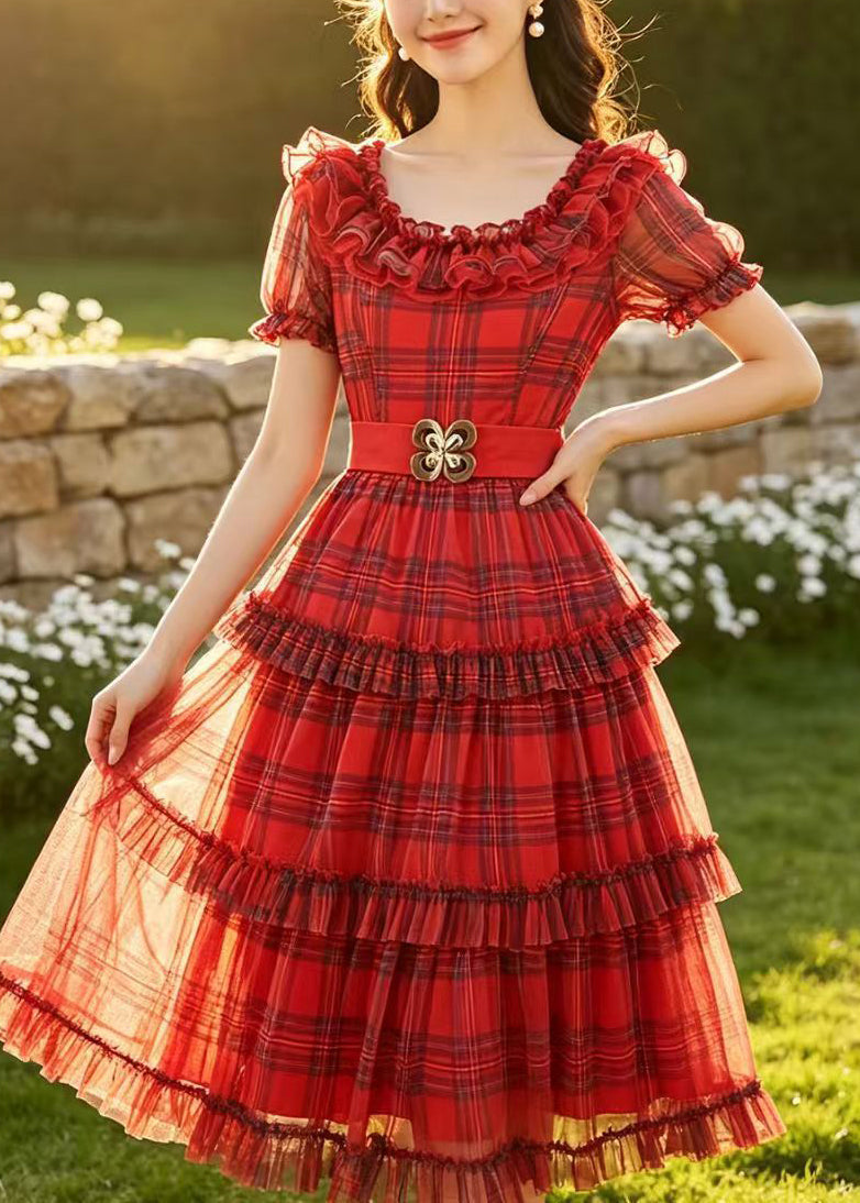 Red Plaid Tulle Mid Dress Ruffled Summer