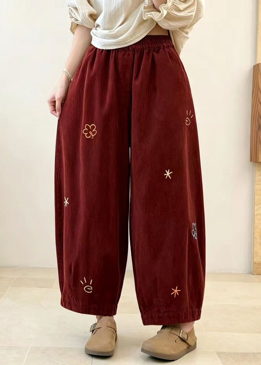 Red Pockets Corduroy Balloon Crop Pants Embroidered Fall