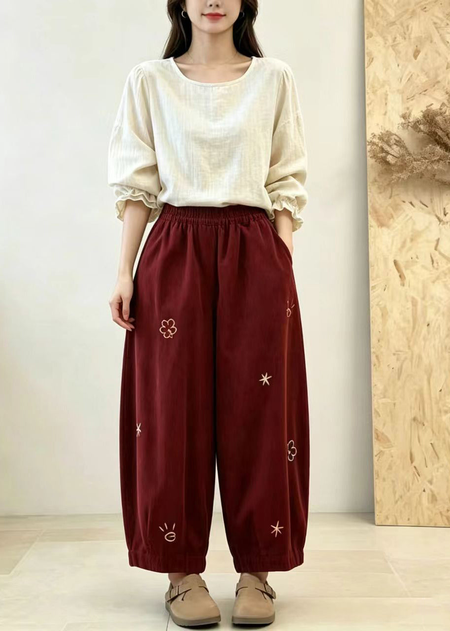 Red Pockets Corduroy Balloon Crop Pants Embroidered Fall