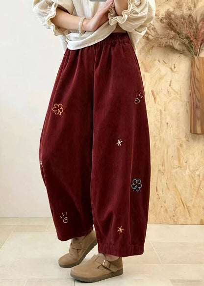 Red Pockets Corduroy Balloon Crop Pants Embroidered Fall