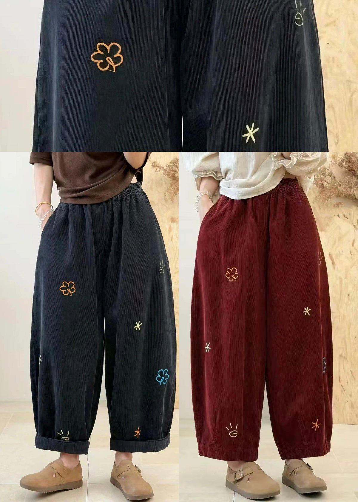 Red Pockets Corduroy Balloon Crop Pants Embroidered Fall