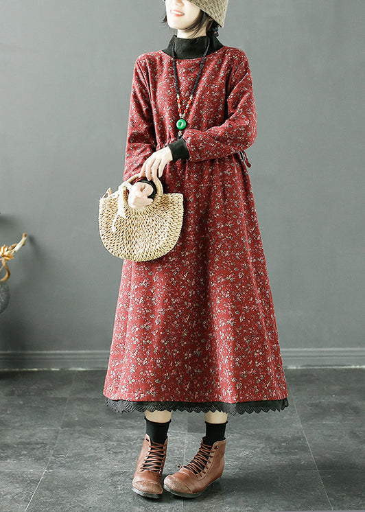 Red Pockets Fleece Long Dresses Turtleneck Long Sleeve