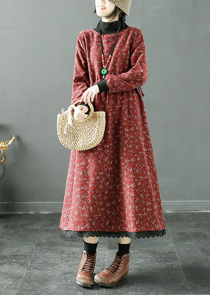 Red Pockets Fleece Long Dresses Turtleneck Long Sleeve