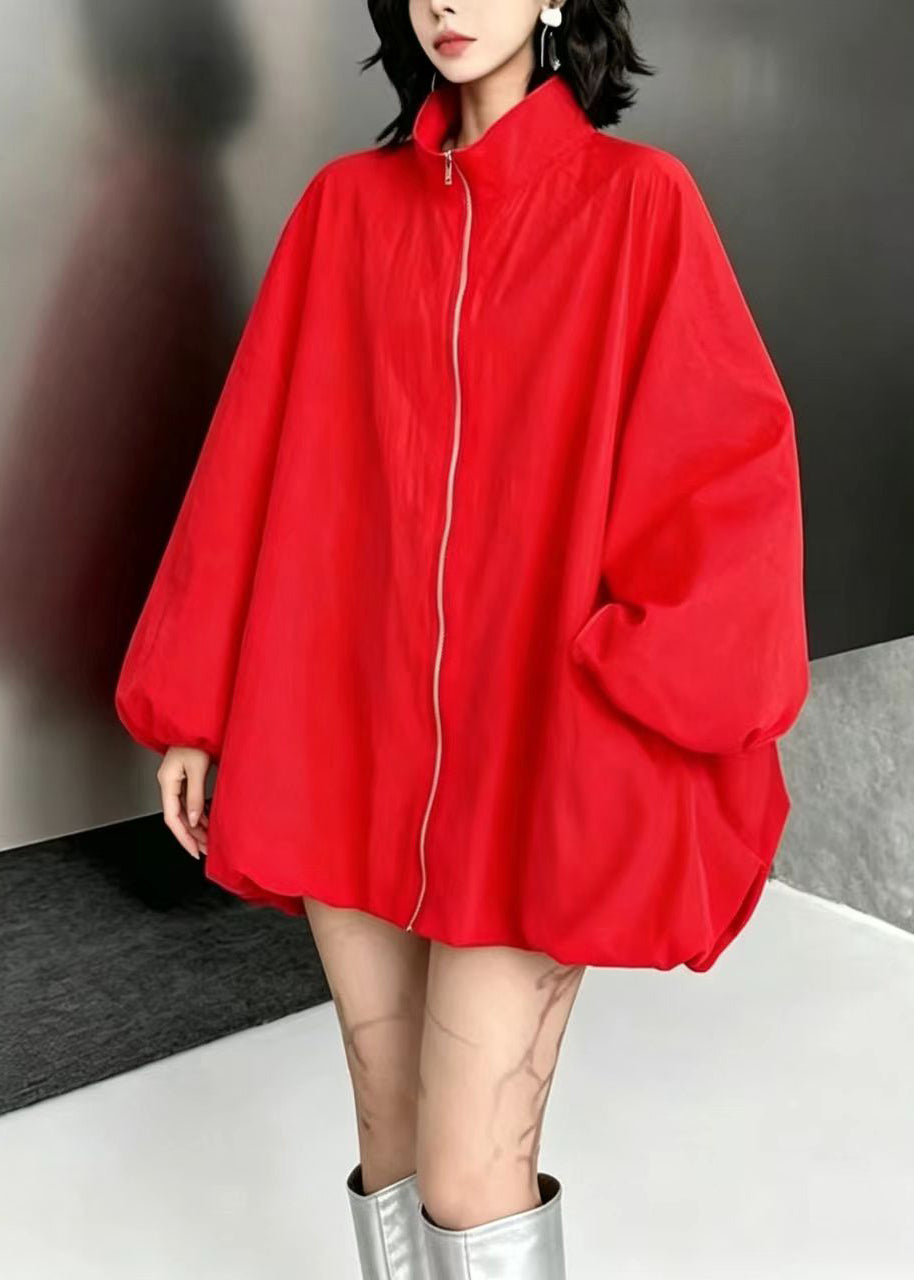 Red Pockets Jacket Zip Up Oversized Stand Collar Fall