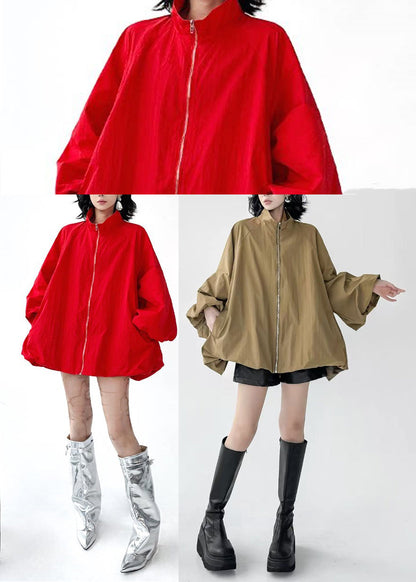 Red Pockets Jacket Zip Up Oversized Stand Collar Fall