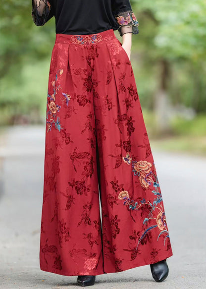 Red Pockets Jacquard Vintage Silk Pants Elastic Waist Fall