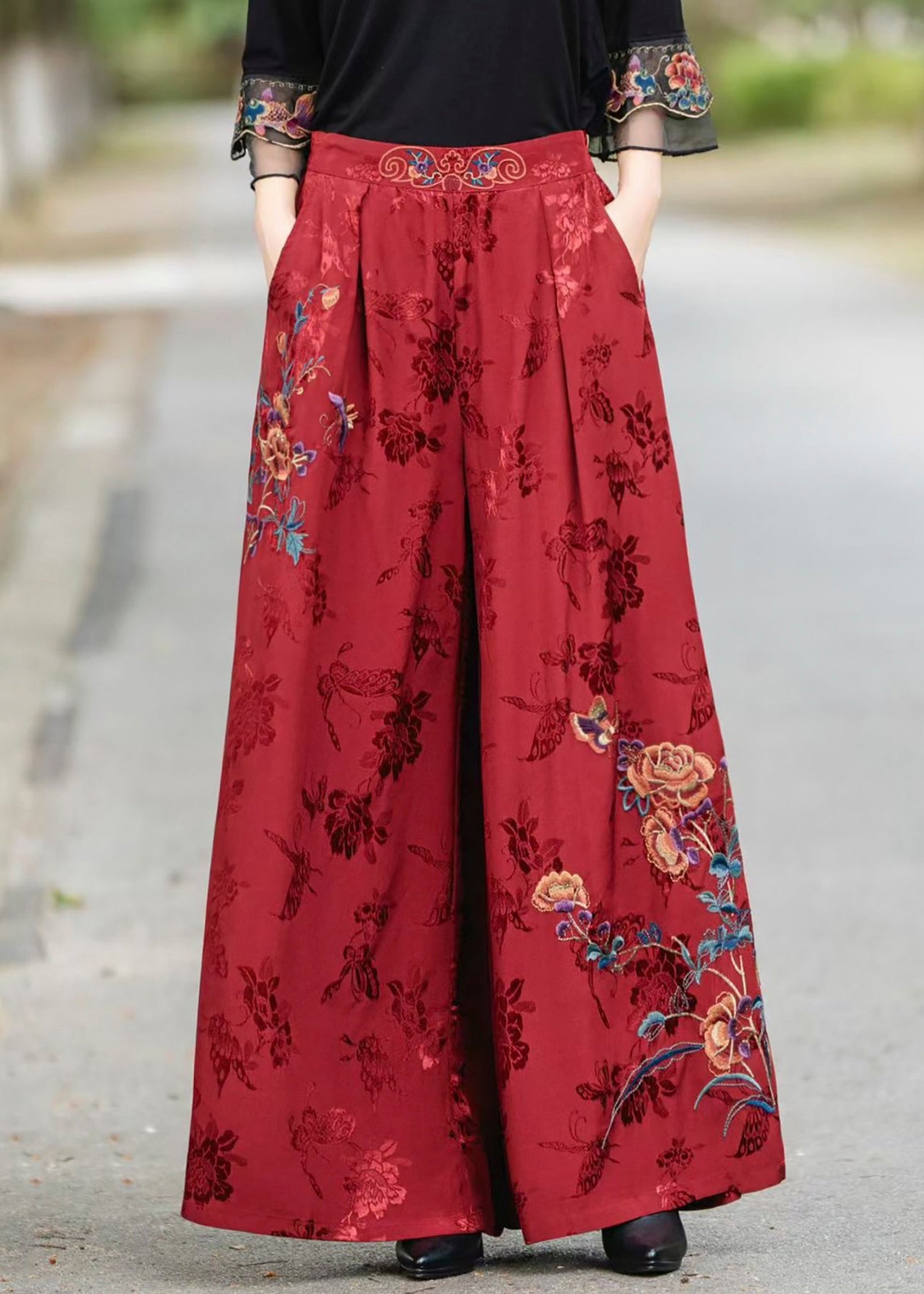 Red Pockets Jacquard Vintage Silk Pants Elastic Waist Fall