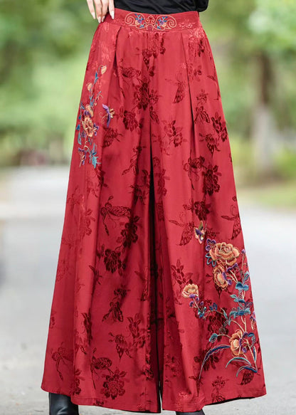 Red Pockets Jacquard Vintage Silk Pants Elastic Waist Fall