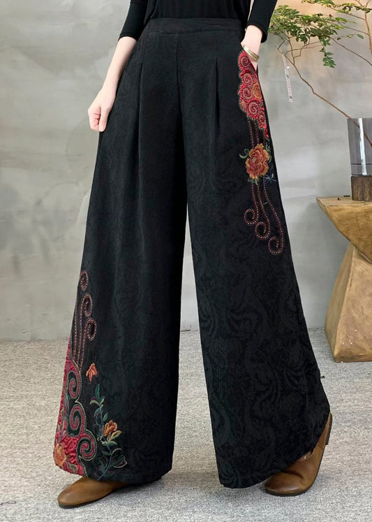 Red Pockets Warm Fleece Pants Embroidered Elastic Waist Winter