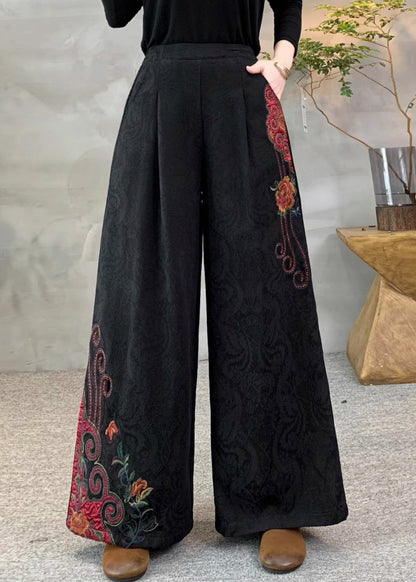 Red Pockets Warm Fleece Pants Embroidered Elastic Waist Winter