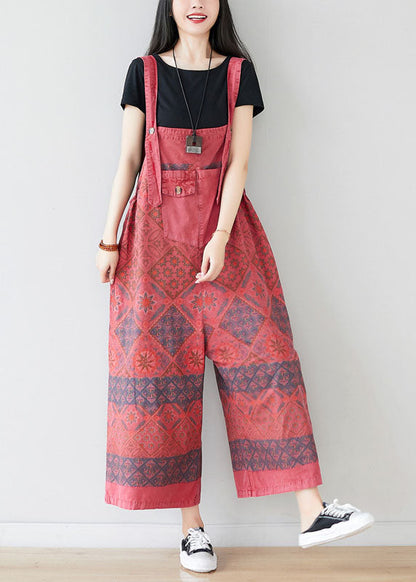 Red Print Cotton Jumpsuit Wide Leg Pants Oversized Spring