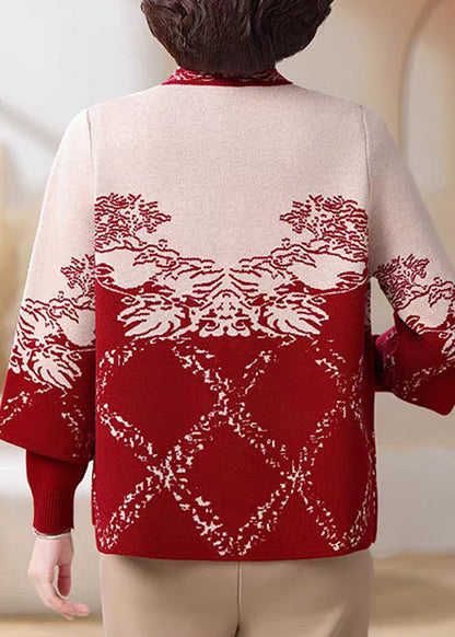 Red Print Cotton Knit Coats And Sweater Two Pieces Set Three Quarter Sleeve