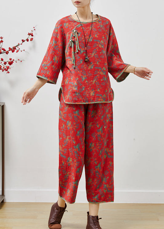 Red Print Cotton Oriental Two Pieces Set Side Open Summer