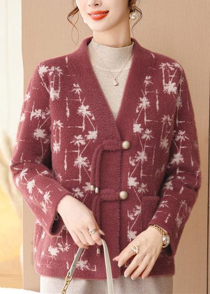 Red Print Mink Hair Knitted Cardigans Long Sleeve