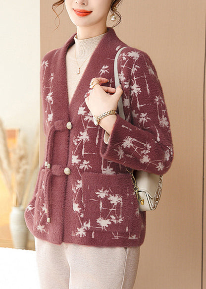 Red Print Mink Hair Knitted Cardigans Long Sleeve