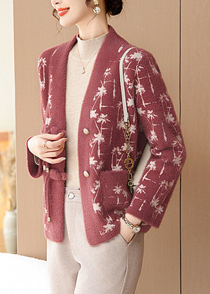 Red Print Mink Hair Knitted Cardigans Long Sleeve