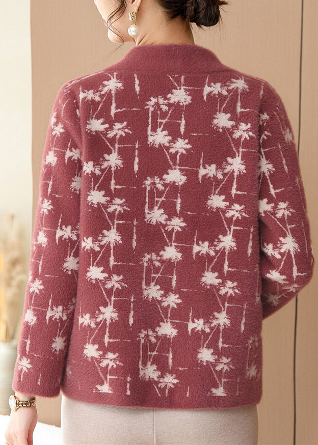 Red Print Mink Hair Knitted Cardigans Long Sleeve