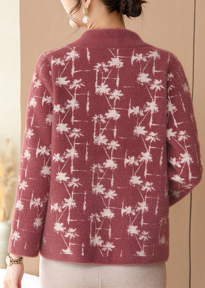 Red Print Mink Hair Knitted Cardigans Long Sleeve