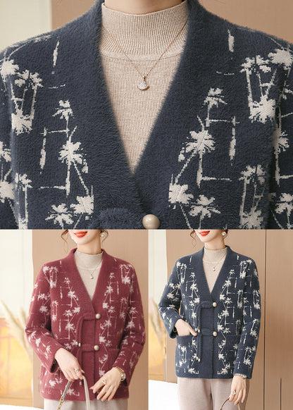 Red Print Mink Hair Knitted Cardigans Long Sleeve