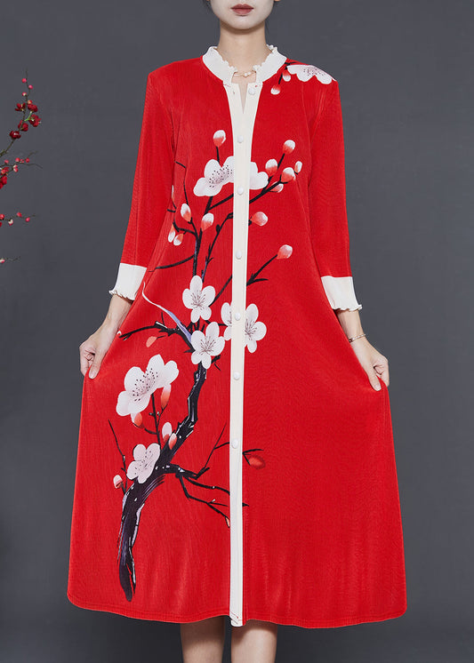 Red Print Patchwork Silk Shirt Dress Oversized Fall