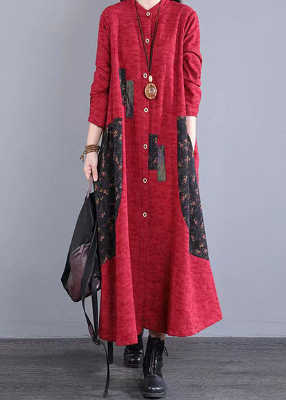 Red Print Pockets Patchwork Casual Cotton Long Dress Button Fall