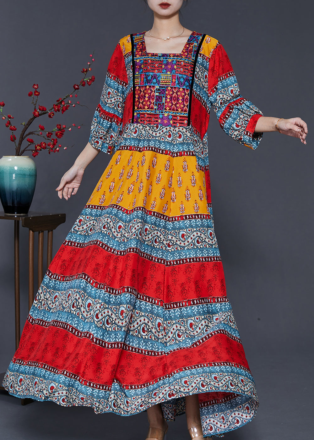 Red Print Silk Long Dresses Square Collar Exra Large Hem Summer