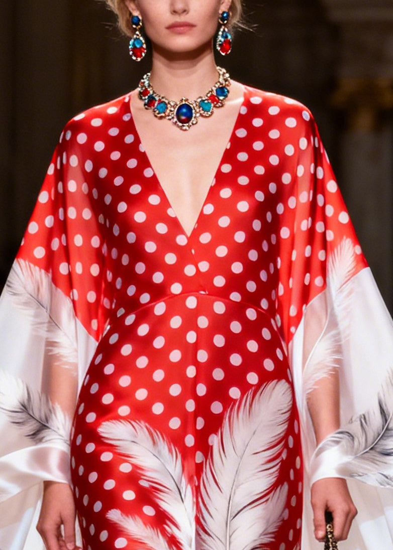 Red Print Silk Vacation Dresses Oversized Asymmetrical Design Summer