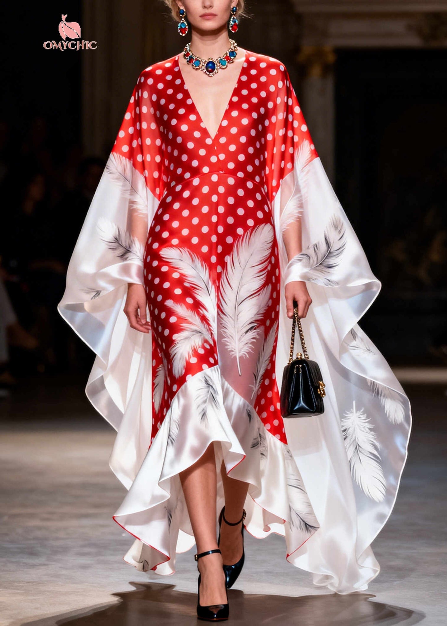 Red Print Silk Vacation Dresses Oversized Asymmetrical Design Summer