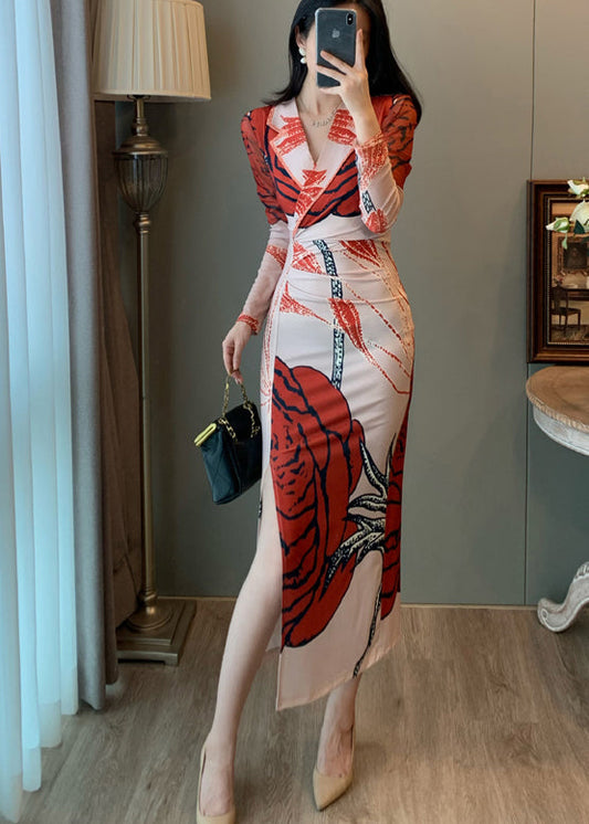 Red Print Tulle Wraped Dress Notched Side Open Summer