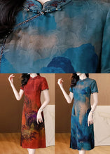 Load image into Gallery viewer, Red Print Vintage Silk Long Dress Tasseled Side Open Summer
