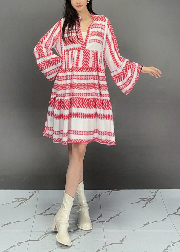 Red Print Wrinkled Patchwork Maxi Dress Fall