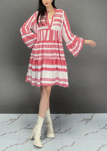 Red Print Wrinkled Patchwork Maxi Dress Fall