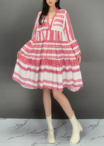 Red Print Wrinkled Patchwork Maxi Dress Fall