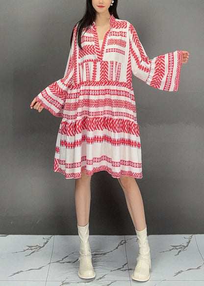 Red Print Wrinkled Patchwork Maxi Dress Fall