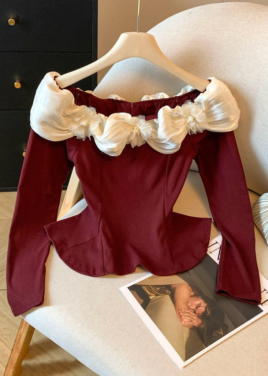 Red Ruffled Patchwork Cotton T Shirt Slash Neck