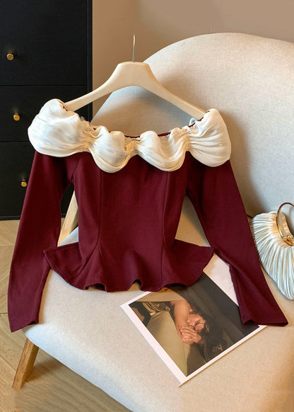 Red Ruffled Patchwork Cotton T Shirt Slash Neck