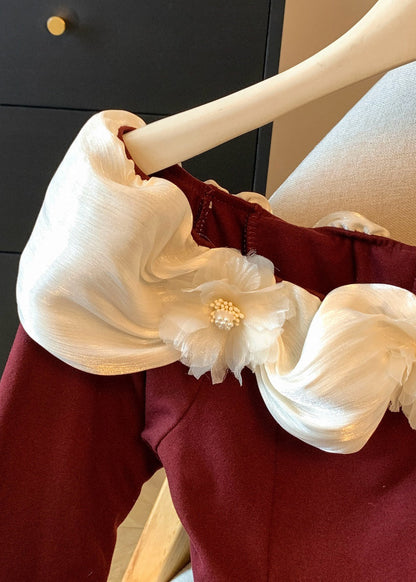 Red Ruffled Patchwork Cotton T Shirt Slash Neck