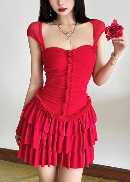 Red Ruffled Patchwork Mid Dresses Short Sleeve