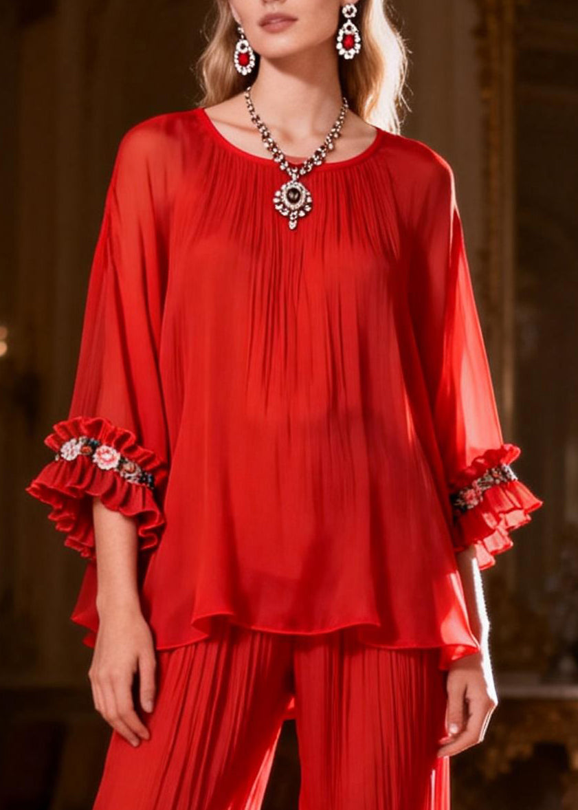 Red Ruffled Solid Two Pieces Set O Neck Spring