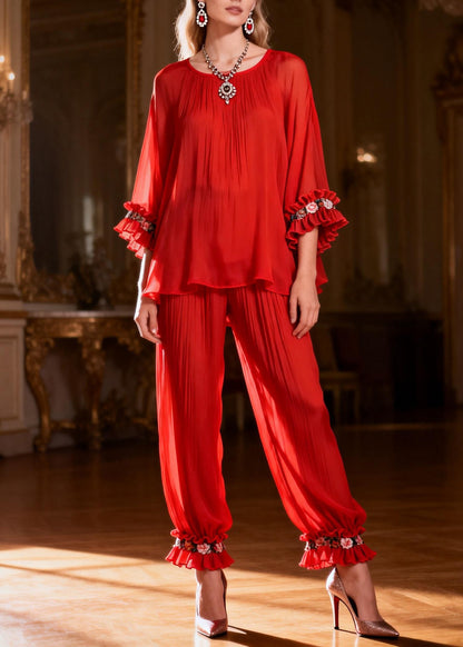 Red Ruffled Solid Two Pieces Set O Neck Spring