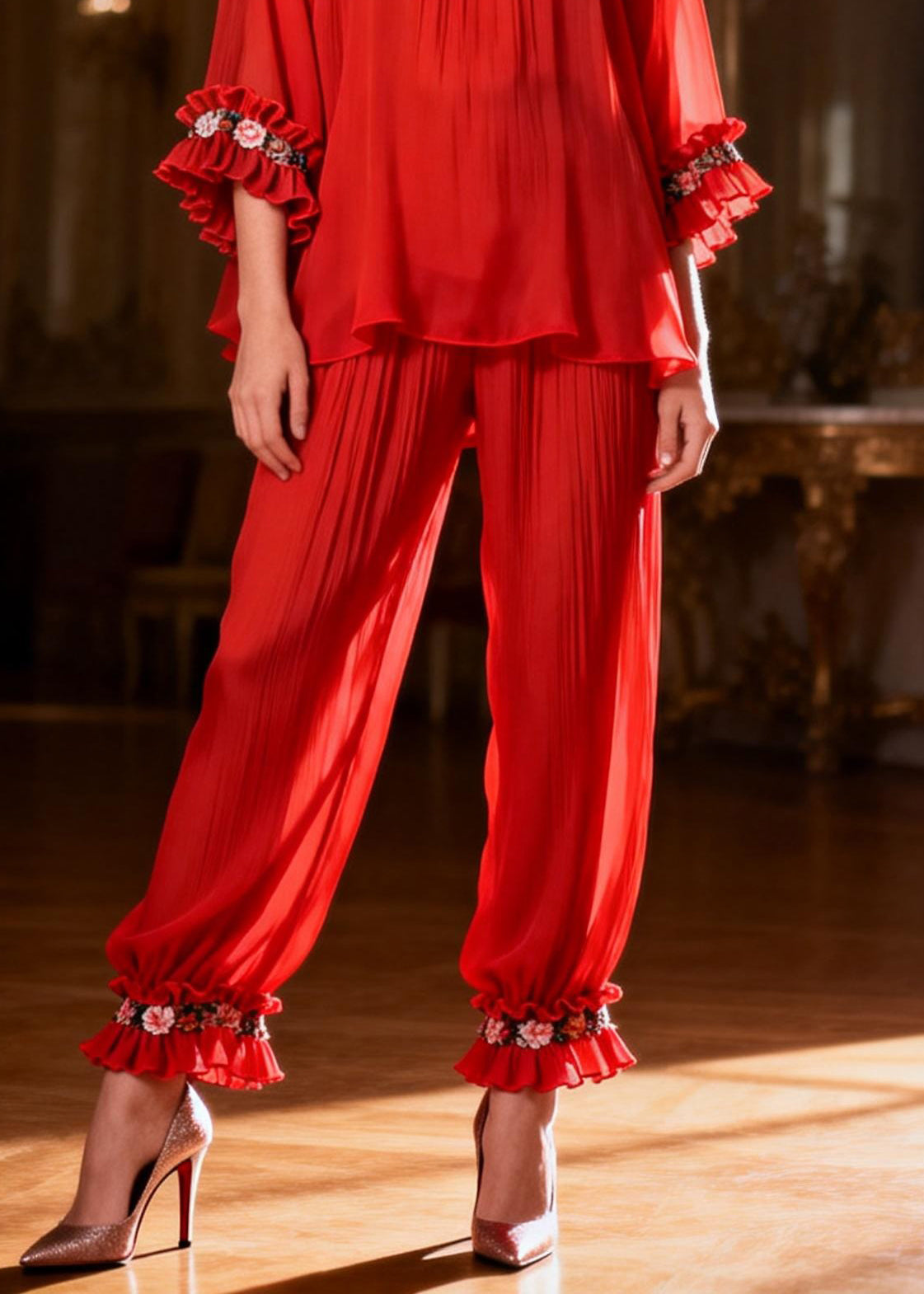 Red Ruffled Solid Two Pieces Set O Neck Spring
