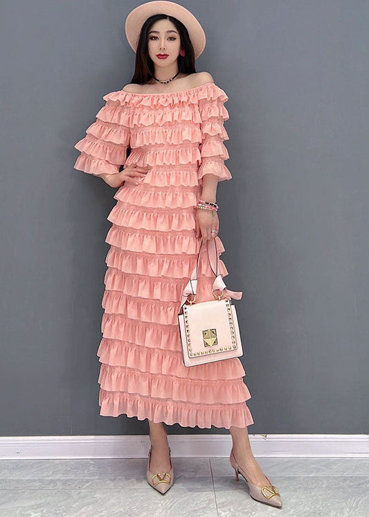 Red Ruffles Tulle Vacation Dresses Cold Shoulder Petal Sleeve