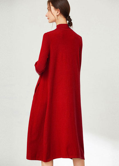 Red Solid Knit Long Sweater Stand Collar Oversized Long Sleeve