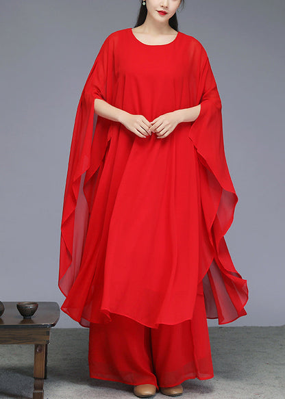 Red Solid Maxi Dress And Wide Leg Pants Two Piece Set Batwin Sleeve