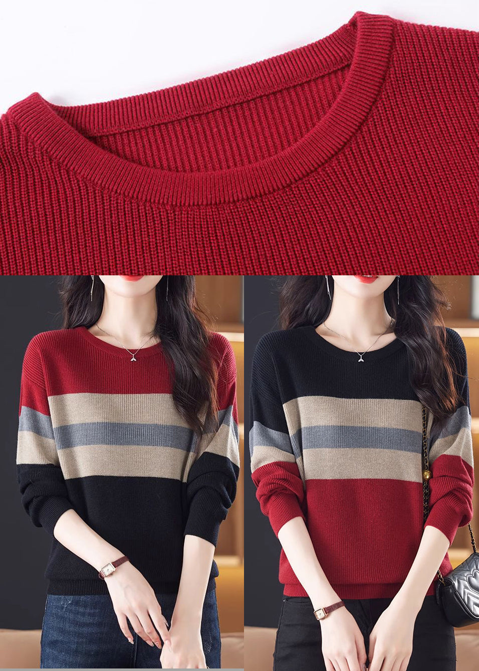 Red Striped Knit Knit Pullover Oversized Winter